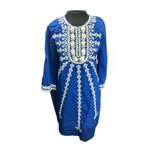 Figue Blue Embroidered Cotton Tunic Dress With 3/4 Sleeves & Pom Pom Details Mad